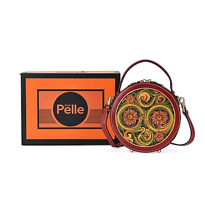 Grand Pelle Royal Collection Red with Multi Hand Engraving Flower Pattern Genuine Leather Round Crossbody Bag with Shoulder Strap