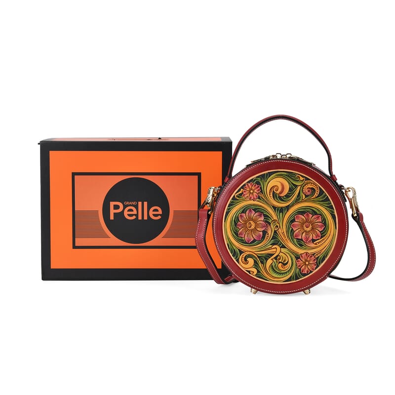 Grand Pelle Royal Collection Red with Multi Hand Engraving Flower Pattern Genuine Leather Round Crossbody Bag with Shoulder Strap