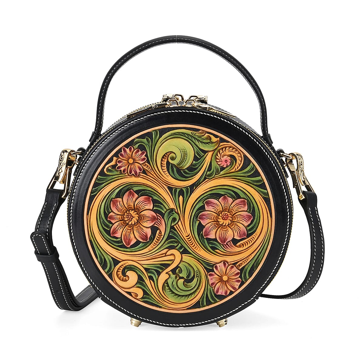 Grand Pelle Royal Collection Black with Multi Hand Engraving Flower Pattern Genuine Leather Round Crossbody Bag with Shoulder Strap image number 0