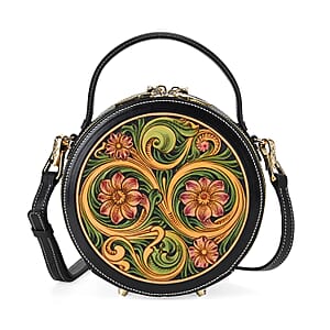Grand Pelle Royal Collection Black with Multi Hand Engraving Flower Pattern Genuine Leather Round Crossbody Bag with Shoulder Strap