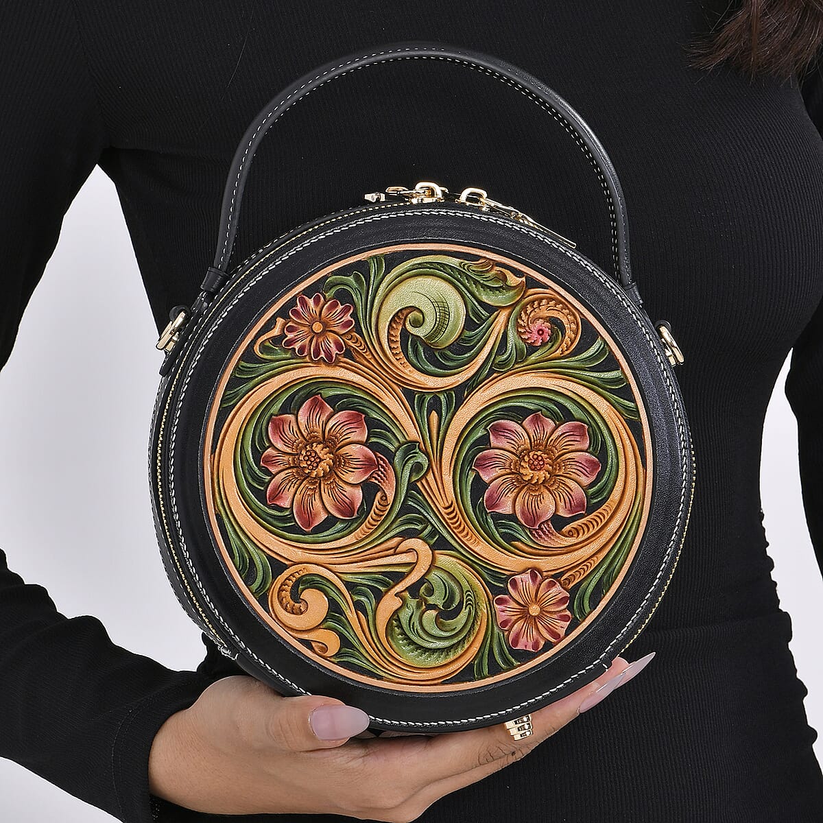 Grand Pelle Royal Collection Black with Multi Hand Engraving Flower Pattern Genuine Leather Round Crossbody Bag with Shoulder Strap image number 2
