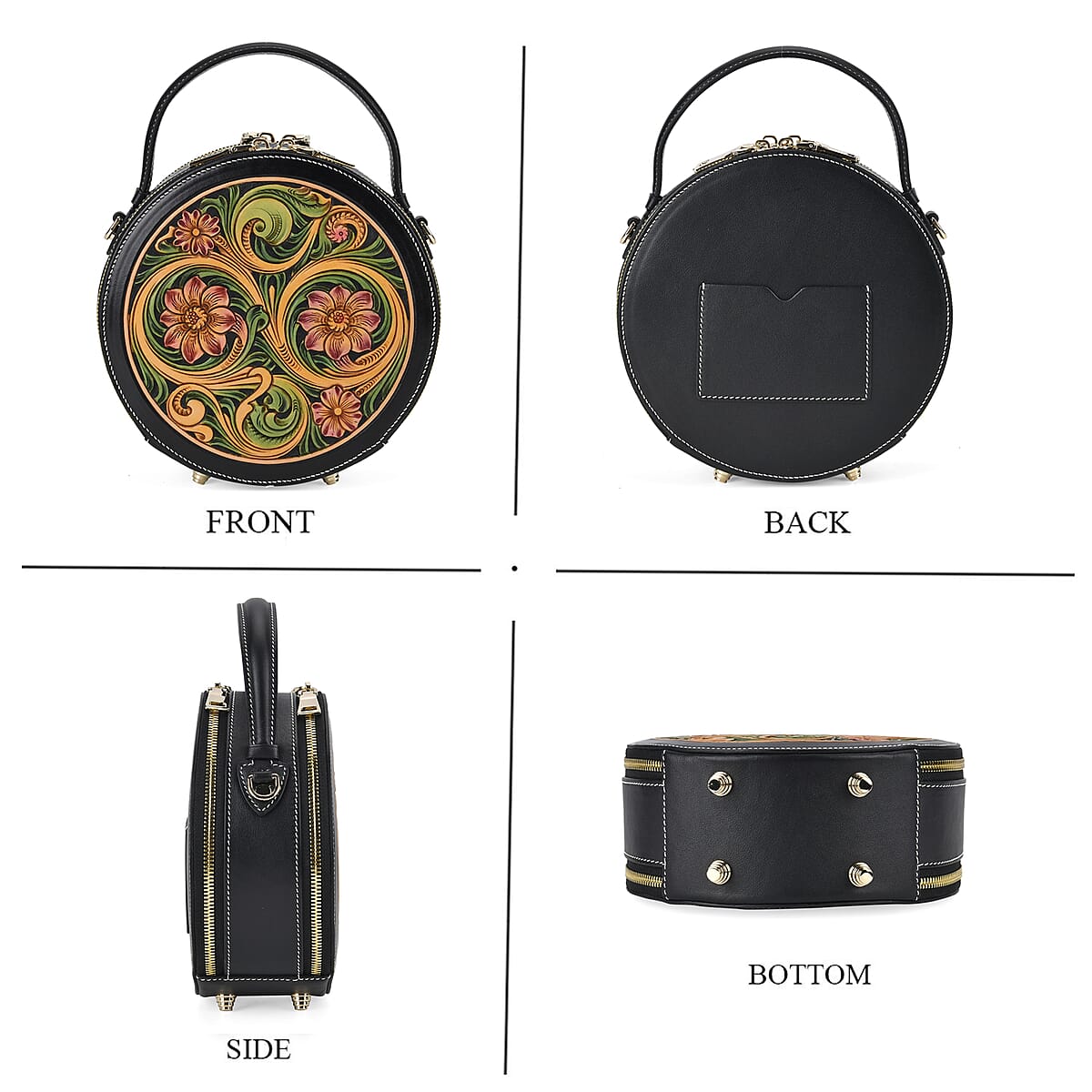 Grand Pelle Royal Collection Black with Multi Hand Engraving Flower Pattern Genuine Leather Round Crossbody Bag with Shoulder Strap image number 3