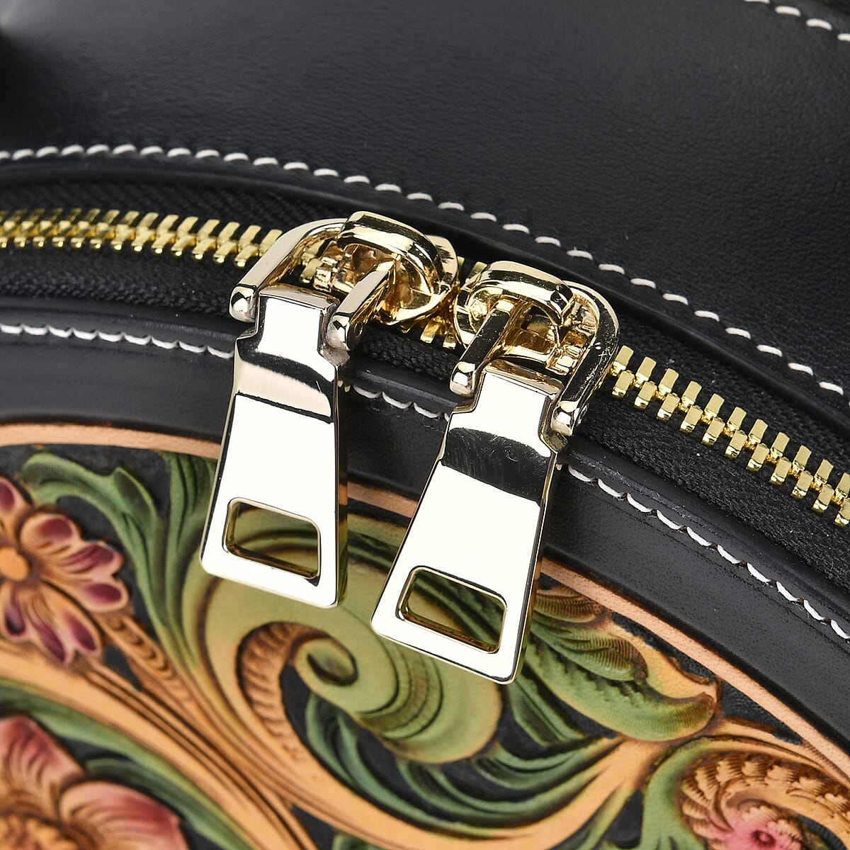 Grand Pelle Royal Collection Black with Multi Hand Engraving Flower Pattern Genuine Leather Round Crossbody Bag with Shoulder Strap image number 5