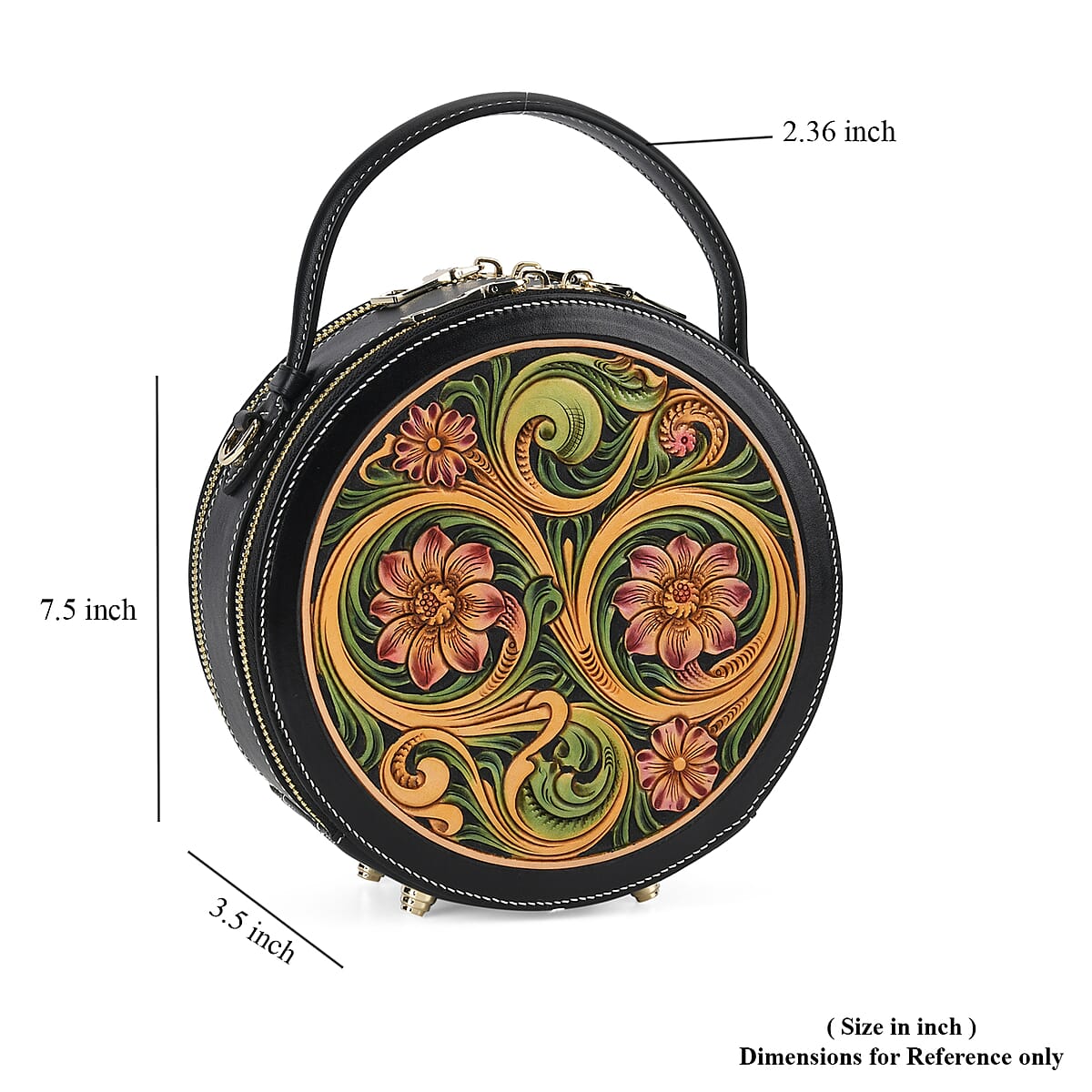 Grand Pelle Royal Collection Black with Multi Hand Engraving Flower Pattern Genuine Leather Round Crossbody Bag with Shoulder Strap image number 6