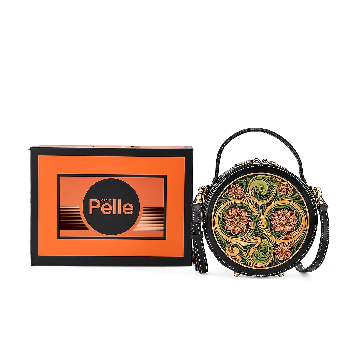 Grand Pelle Royal Collection Black with Multi Hand Engraving Flower Pattern Genuine Leather Round Crossbody Bag with Shoulder Strap image number 7