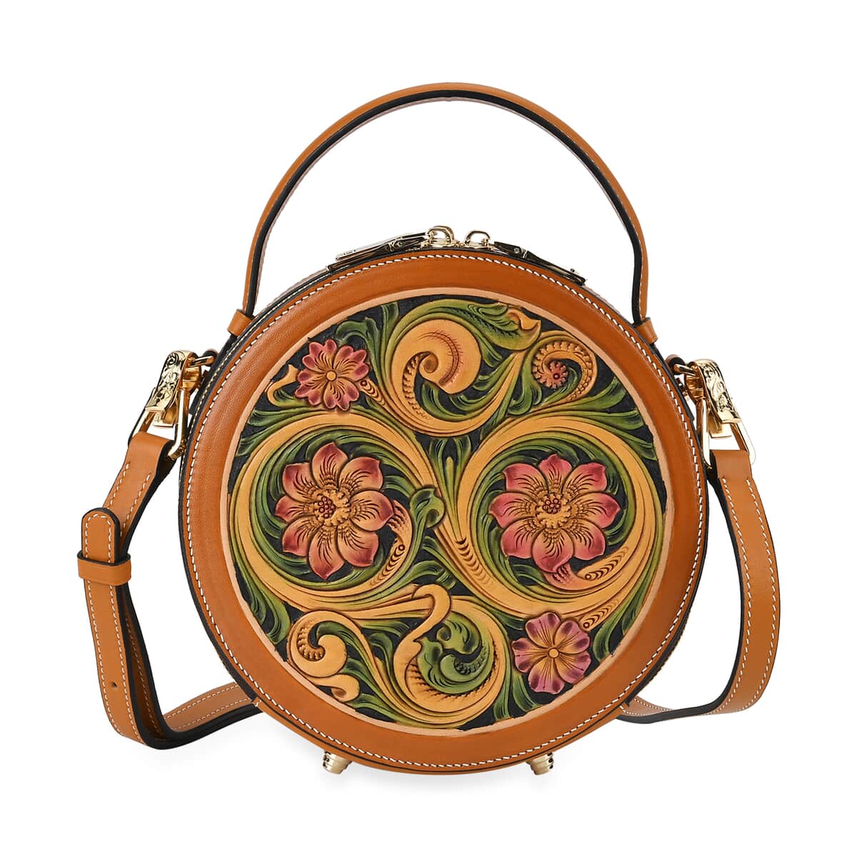 Grand Pelle Royal Collection Orange with Multi Hand Engraving Flower Pattern Genuine Leather Round Crossbody Bag with Shoulder Strap image number 0