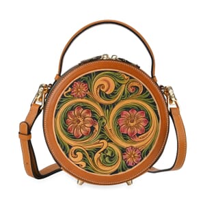 Grand Pelle Royal Collection Orange with Multi Hand Engraving Flower Pattern Genuine Leather Round Crossbody Bag with Shoulder Strap