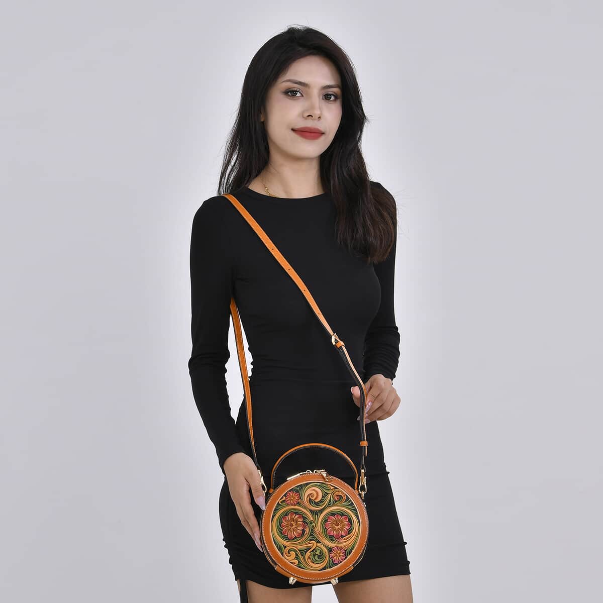 Grand Pelle Royal Collection Orange with Multi Hand Engraving Flower Pattern Genuine Leather Round Crossbody Bag with Shoulder Strap image number 1