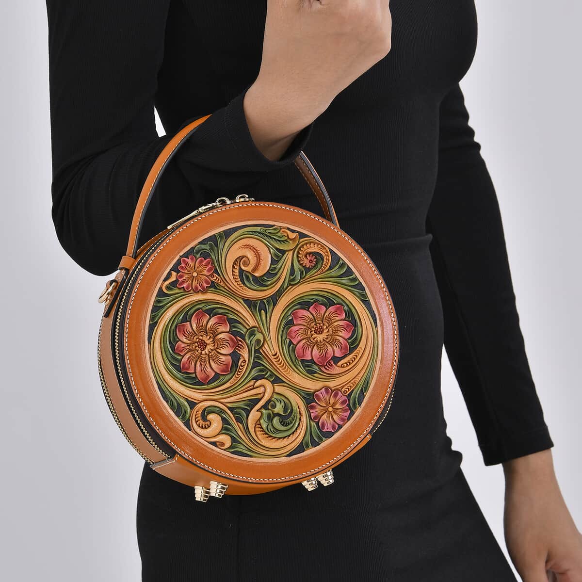 Grand Pelle Royal Collection Orange with Multi Hand Engraving Flower Pattern Genuine Leather Round Crossbody Bag with Shoulder Strap image number 2