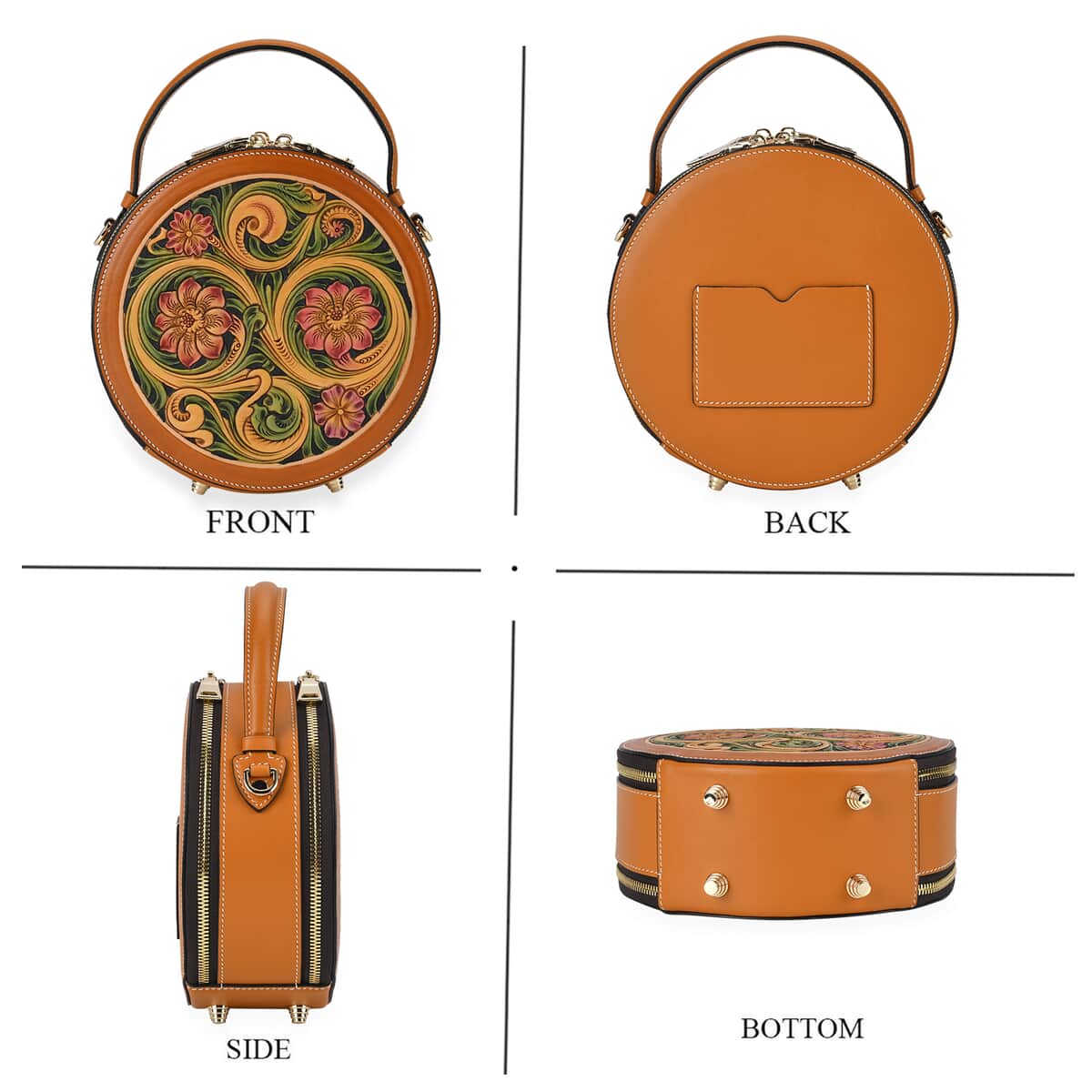 Grand Pelle Royal Collection Orange with Multi Hand Engraving Flower Pattern Genuine Leather Round Crossbody Bag with Shoulder Strap image number 3