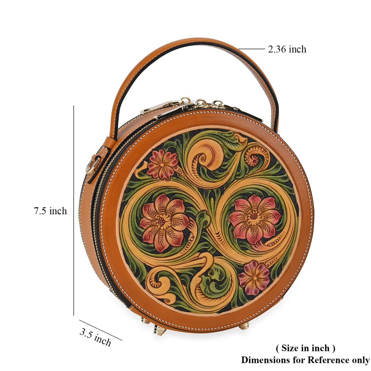 Grand Pelle Royal Collection Orange with Multi Hand Engraving Flower Pattern Genuine Leather Round Crossbody Bag with Shoulder Strap image number 6