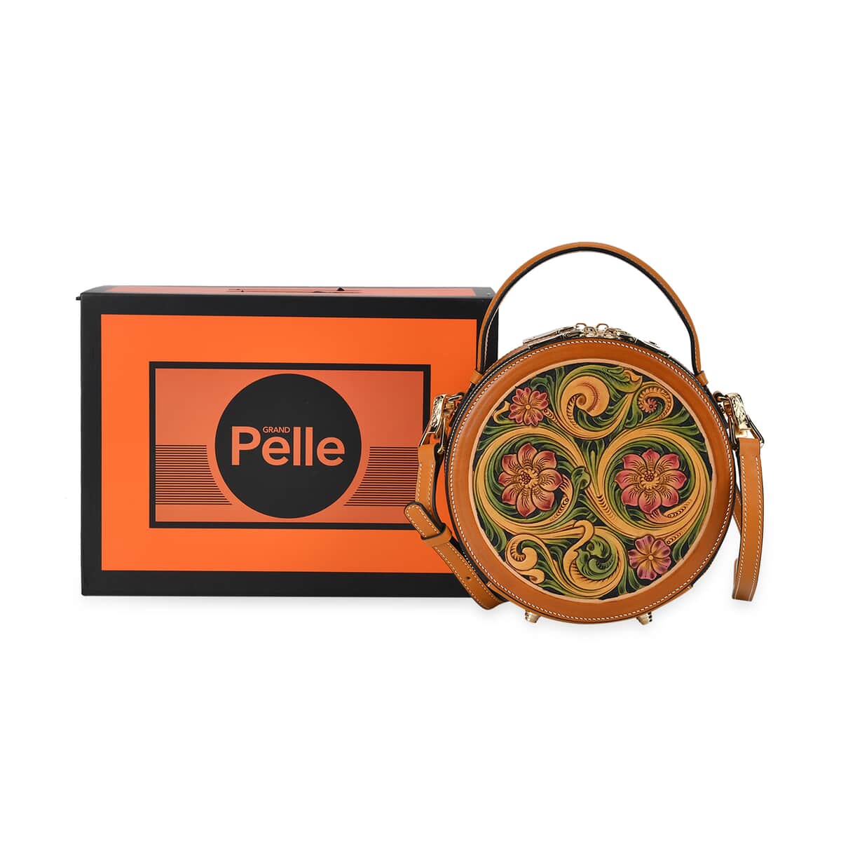 Grand Pelle Royal Collection Orange with Multi Hand Engraving Flower Pattern Genuine Leather Round Crossbody Bag with Shoulder Strap image number 7