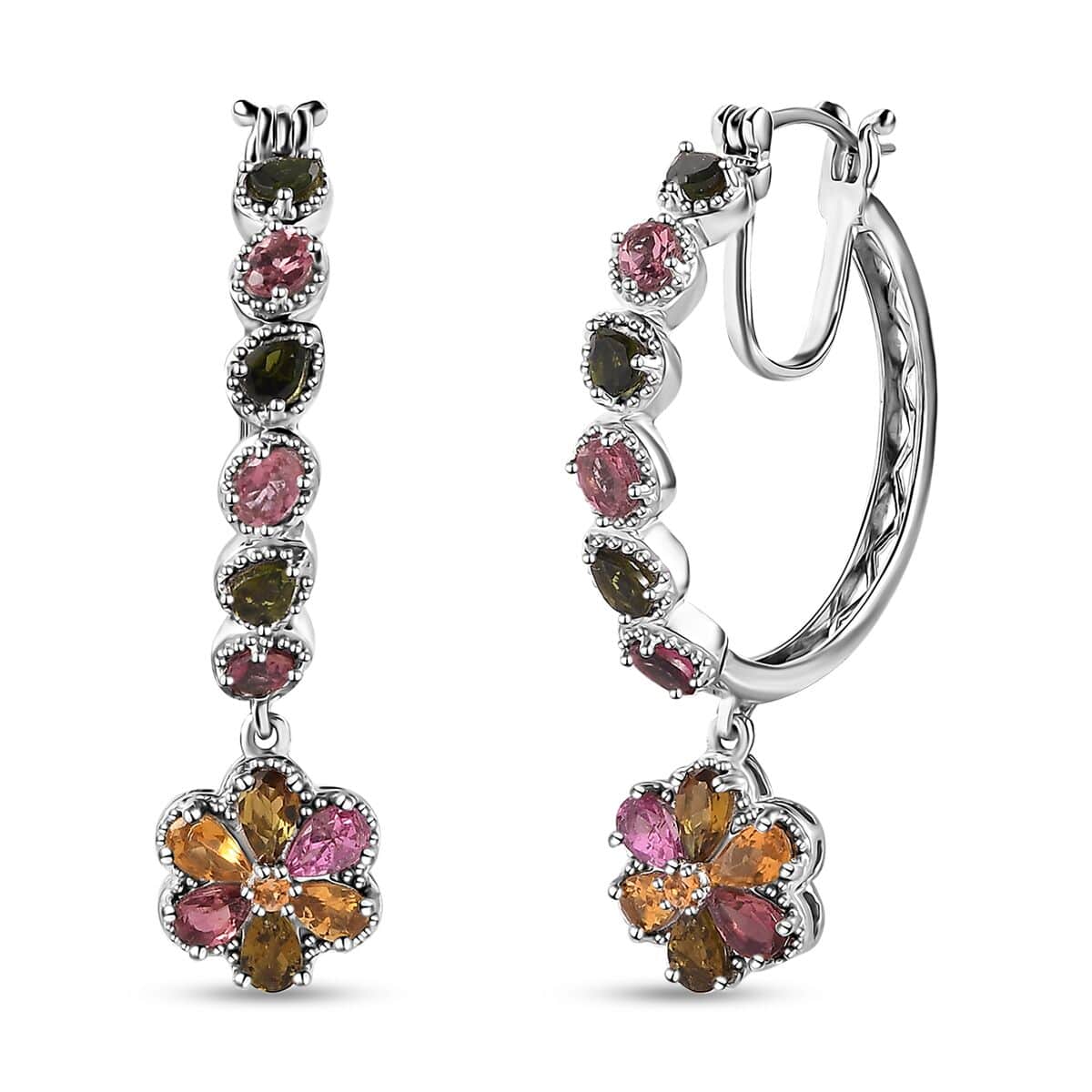 Multi-Tourmaline Floral Hoop Earrings in Platinum Over Sterling Silver 4.40 ctw image number 0