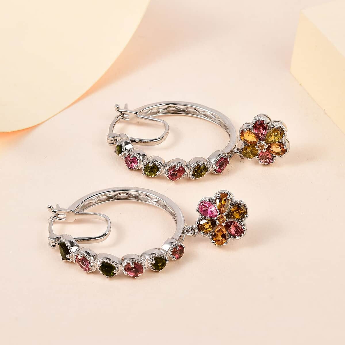 Multi-Tourmaline Floral Hoop Earrings in Platinum Over Sterling Silver 4.40 ctw image number 1