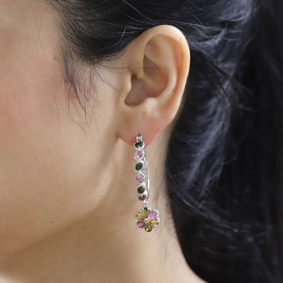 Multi-Tourmaline Floral Hoop Earrings in Platinum Over Sterling Silver 4.40 ctw image number 2