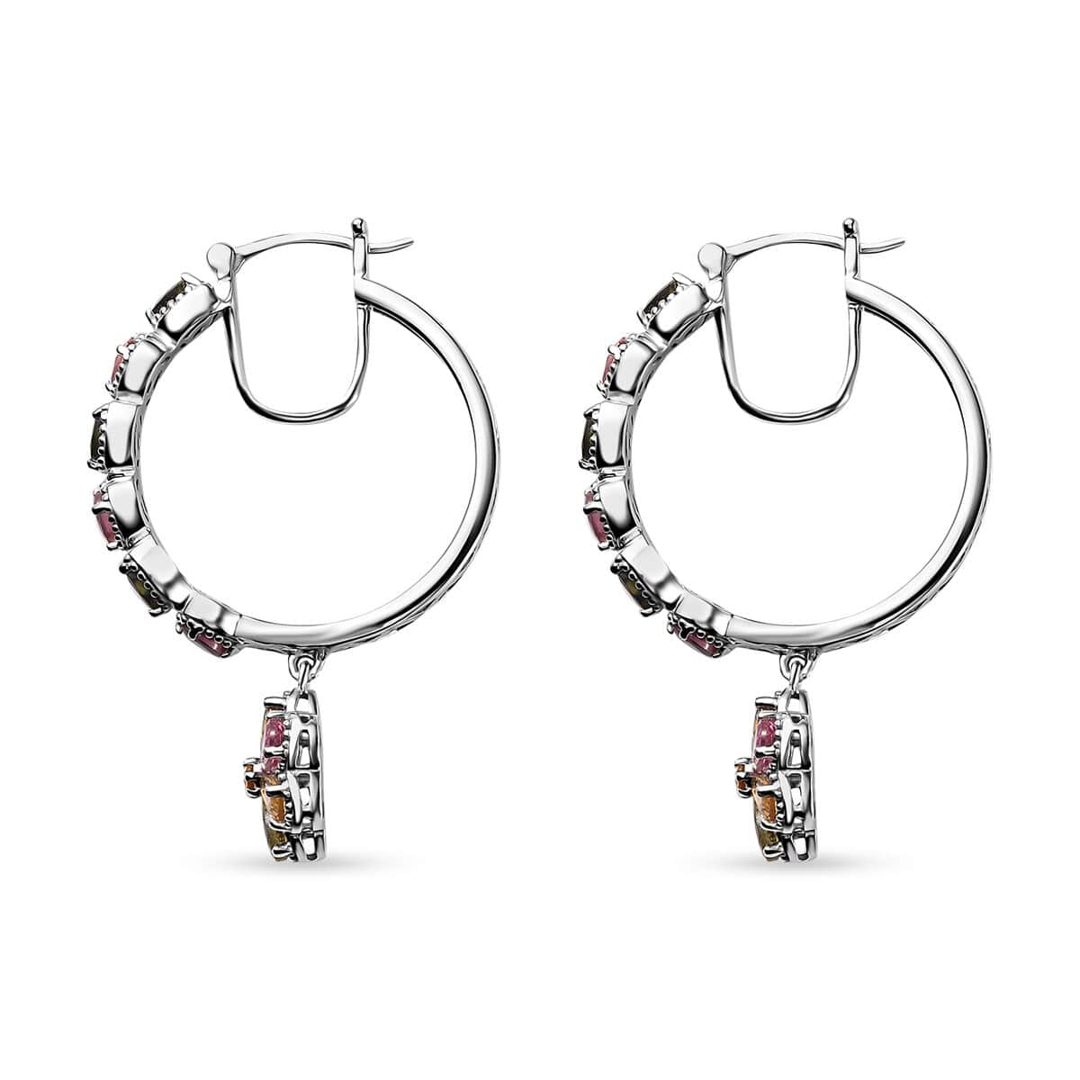 Multi-Tourmaline Floral Hoop Earrings in Platinum Over Sterling Silver 4.40 ctw image number 3