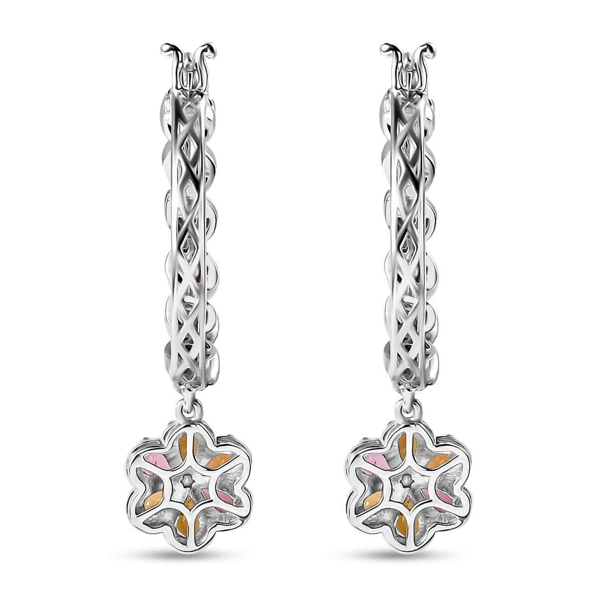 Multi-Tourmaline Floral Hoop Earrings in Platinum Over Sterling Silver 4.40 ctw image number 4
