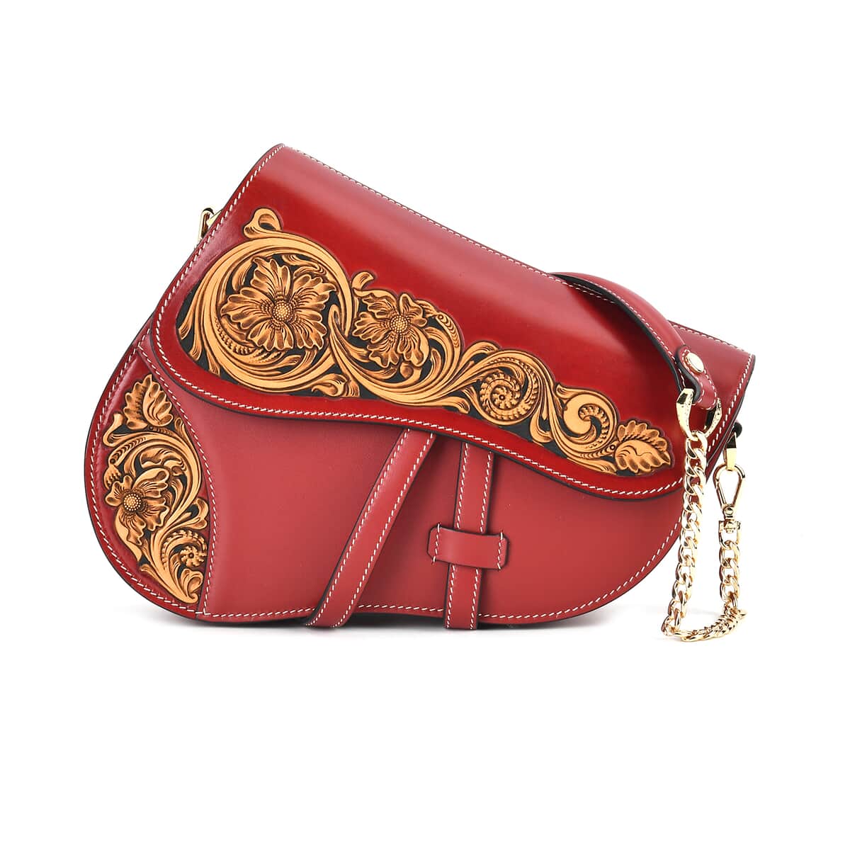 Grand Pelle Royal Collection Red with Solid Color Hand Engraving Flower Genuine Leather Crossbody Bag with 55 Inch Half Chain and Half Leather Strap image number 0