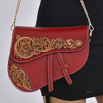 Grand Pelle Royal Collection Red with Solid Color Hand Engraving Flower Genuine Leather Crossbody Bag with 55 Inch Half Chain and Half Leather Strap