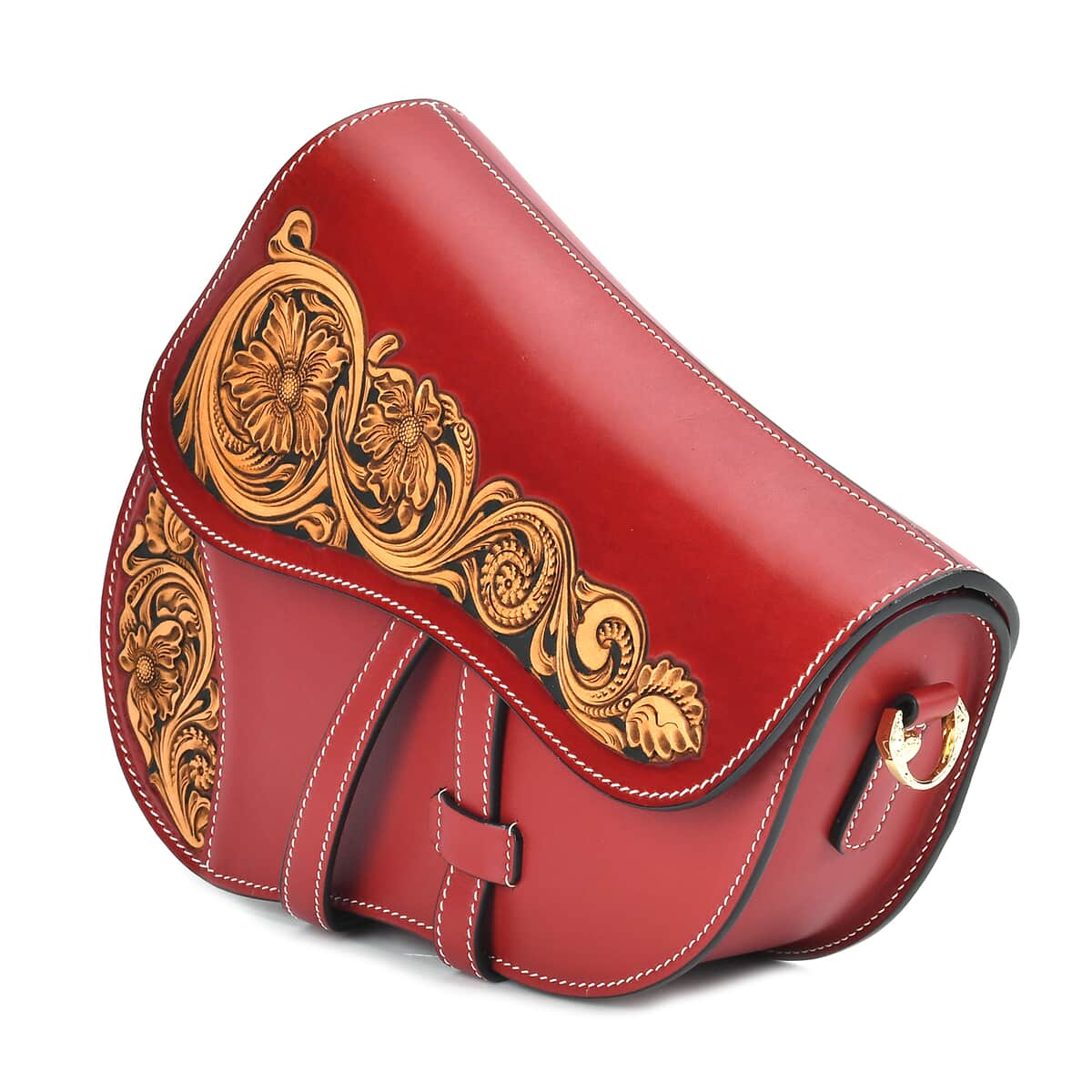 Grand Pelle Royal Collection Red with Solid Color Hand Engraving Flower Genuine Leather Crossbody Bag with 55 Inch Half Chain and Half Leather Strap image number 4