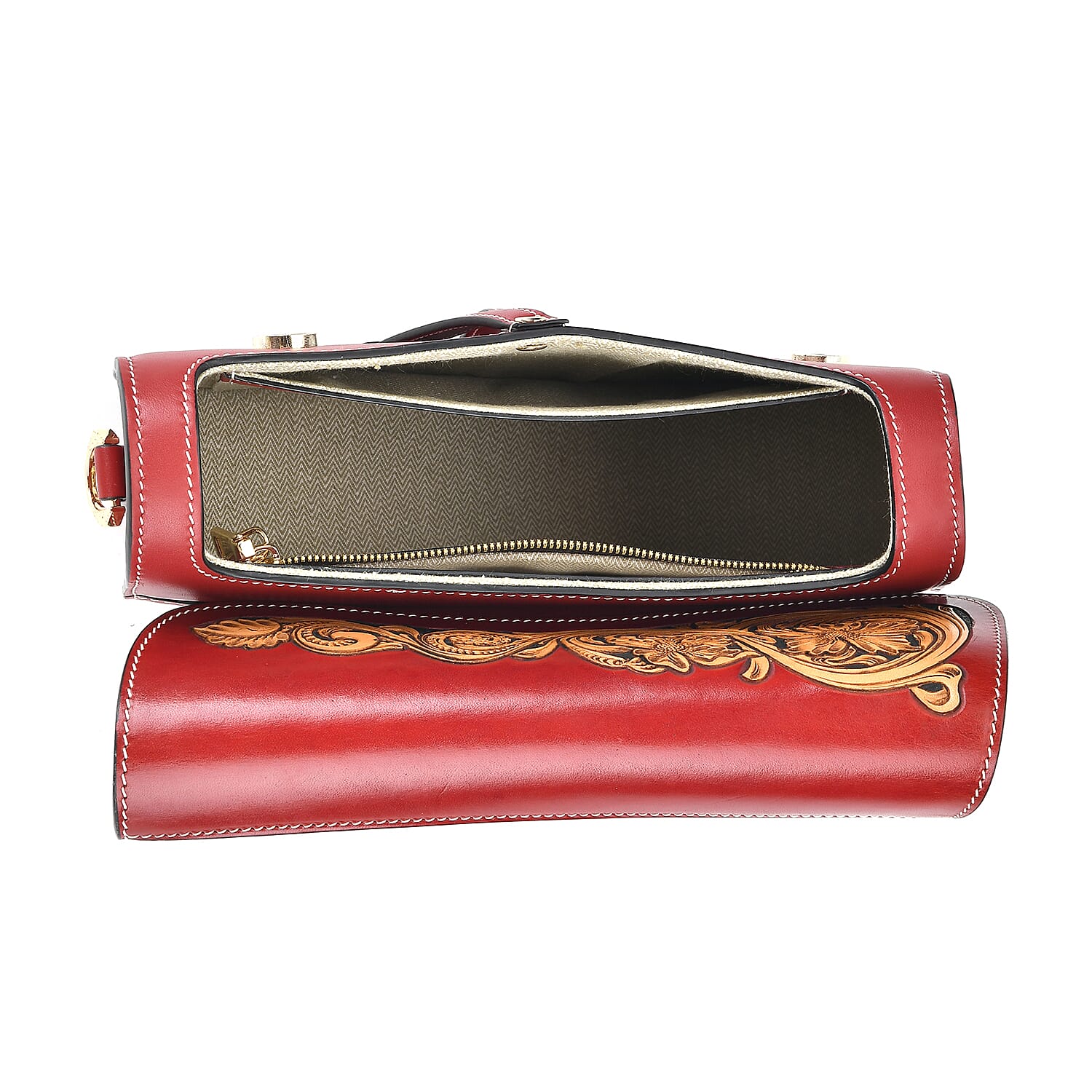 Grand Pelle Royal Collection Red with Solid Color Hand Engraving Flower Genuine Leather Crossbody Bag with 55 Inch Half Chain and Half Leather Strap