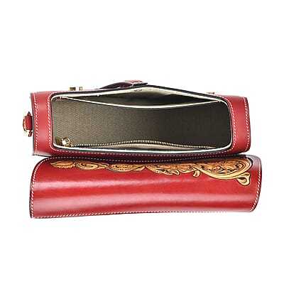 Grand Pelle Royal Collection Red with Solid Color Hand Engraving Flower Genuine Leather Crossbody Bag with 55 Inch Half Chain and Half Leather Strap
