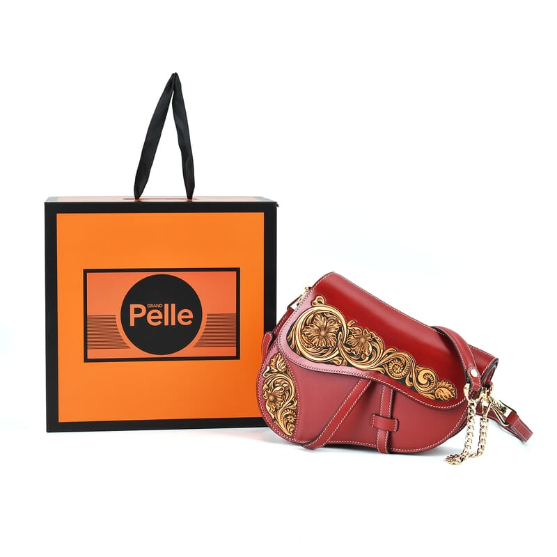Grand Pelle Royal Collection Red with Solid Color Hand Engraving Flower Genuine Leather Crossbody Bag with 55 Inch Half Chain and Half Leather Strap