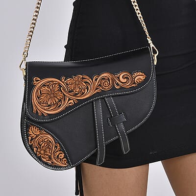 Grand Pelle Royal Collection Black with Solid Color Hand Engraving Flower Genuine Leather Crossbody Bag with 55 Inch Half Chain and Half Leather Strap