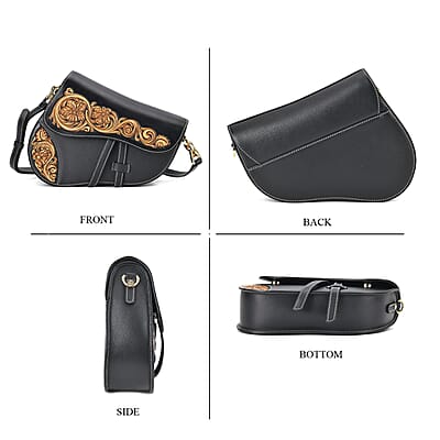 Grand Pelle Royal Collection Black with Solid Color Hand Engraving Flower Genuine Leather Crossbody Bag with 55 Inch Half Chain and Half Leather Strap