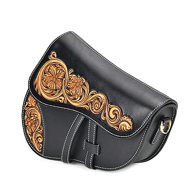 Grand Pelle Royal Collection Black with Solid Color Hand Engraving Flower Genuine Leather Crossbody Bag with 55 Inch Half Chain and Half Leather Strap