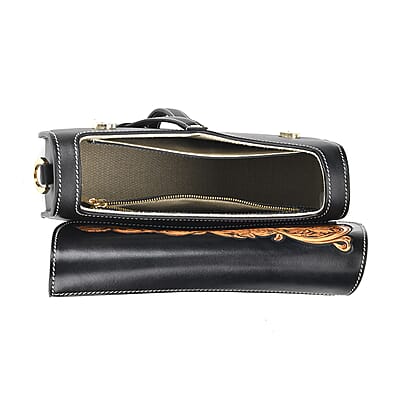 Grand Pelle Royal Collection Black with Solid Color Hand Engraving Flower Genuine Leather Crossbody Bag with 55 Inch Half Chain and Half Leather Strap