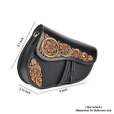 Grand Pelle Royal Collection Black with Solid Color Hand Engraving Flower Genuine Leather Crossbody Bag with 55 Inch Half Chain and Half Leather Strap