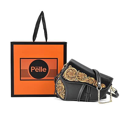 Grand Pelle Royal Collection Black with Solid Color Hand Engraving Flower Genuine Leather Crossbody Bag with 55 Inch Half Chain and Half Leather Strap
