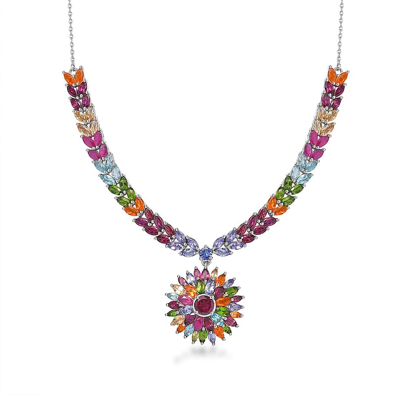 Multi Gemstone Floral Spray Necklace 18-20 Inches in Platinum Over Sterling Silver 17.40 ctw