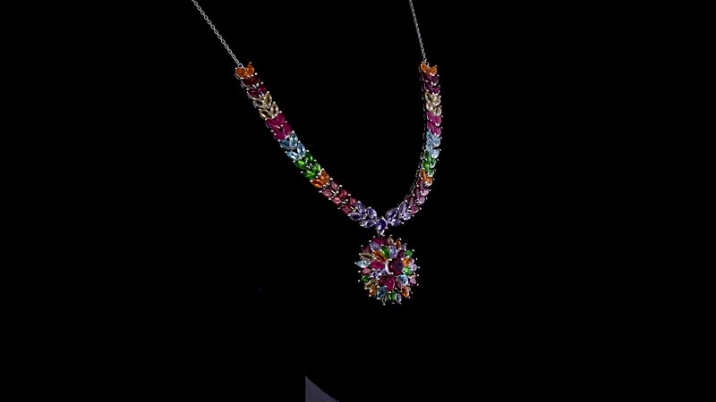 TLV Orissa Rhodolite Garnet, Multi Gemstone Floral Spray Necklace (18 Inches) in Platinum Over Sterling Silver 17.40 ctw