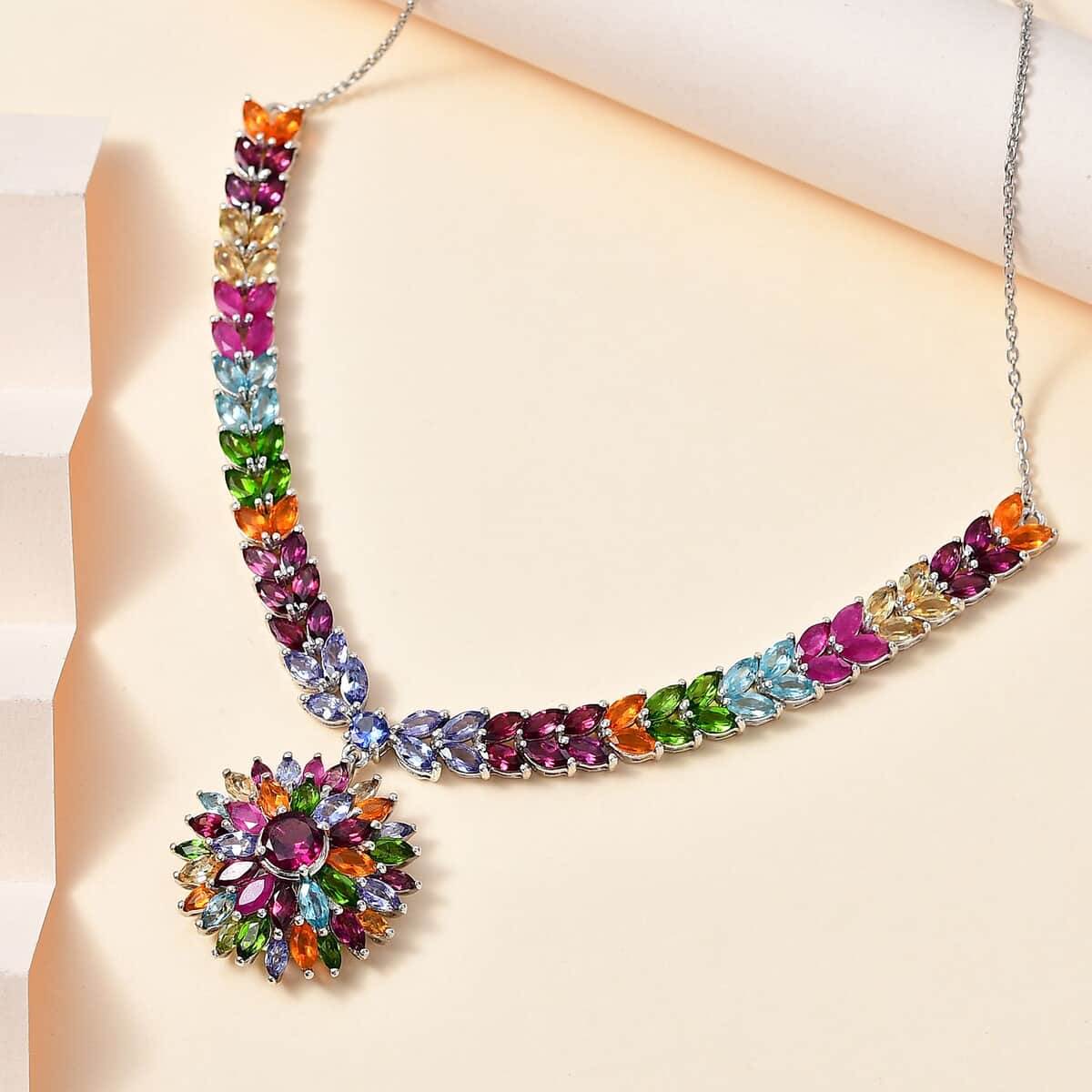 Multi Gemstone Floral Spray Necklace 18-20 Inches in Platinum Over Sterling Silver 17.40 ctw image number 1