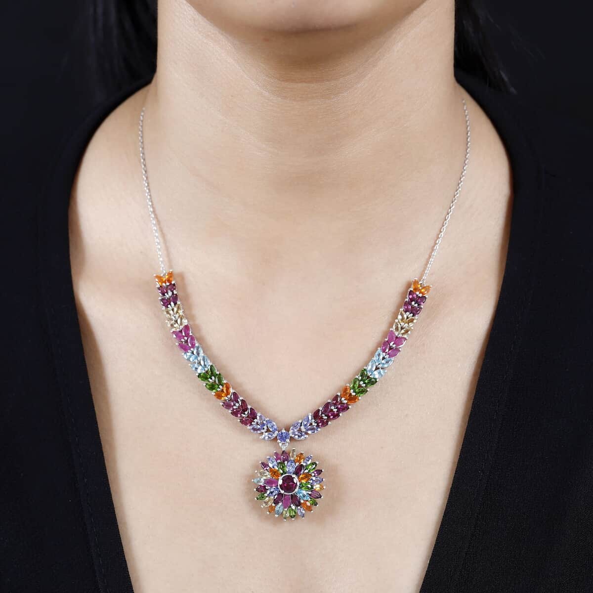 Multi Gemstone Floral Spray Necklace 18-20 Inches in Platinum Over Sterling Silver 17.40 ctw image number 2