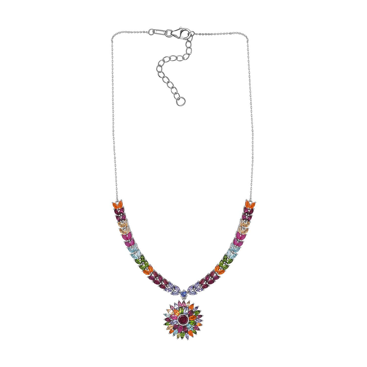 Multi Gemstone Floral Spray Necklace 18-20 Inches in Platinum Over Sterling Silver 17.40 ctw