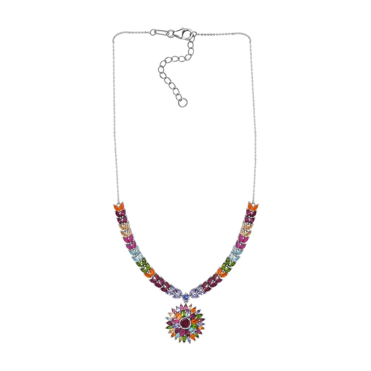 Multi Gemstone Floral Spray Necklace 18-20 Inches in Platinum Over Sterling Silver 17.40 ctw image number 3