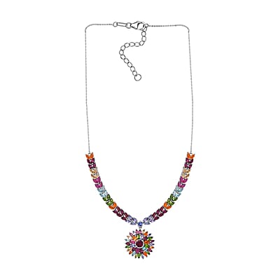 Multi Gemstone Floral Spray Necklace 18-20 Inches in Platinum Over Sterling Silver 17.40 ctw