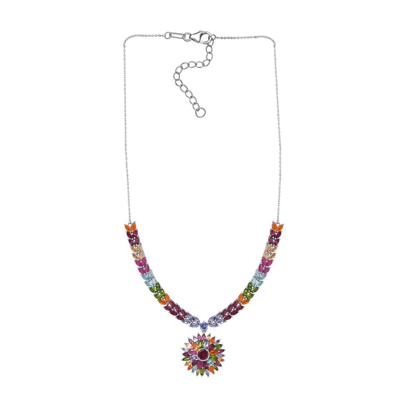 Multi Gemstone Floral Spray Necklace 18-20 Inches in Platinum Over Sterling Silver 17.40 ctw
