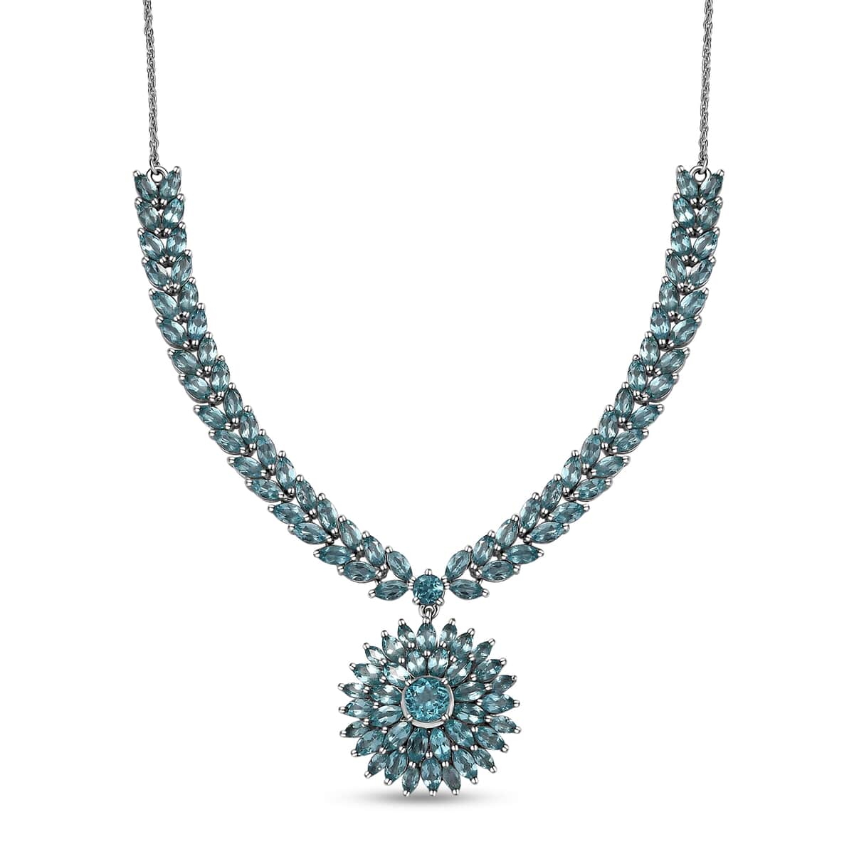 Betroka Blue Apatite Floral Spray Necklace 18-20 Inches in Platinum Over Sterling Silver 15.75 ctw image number 0