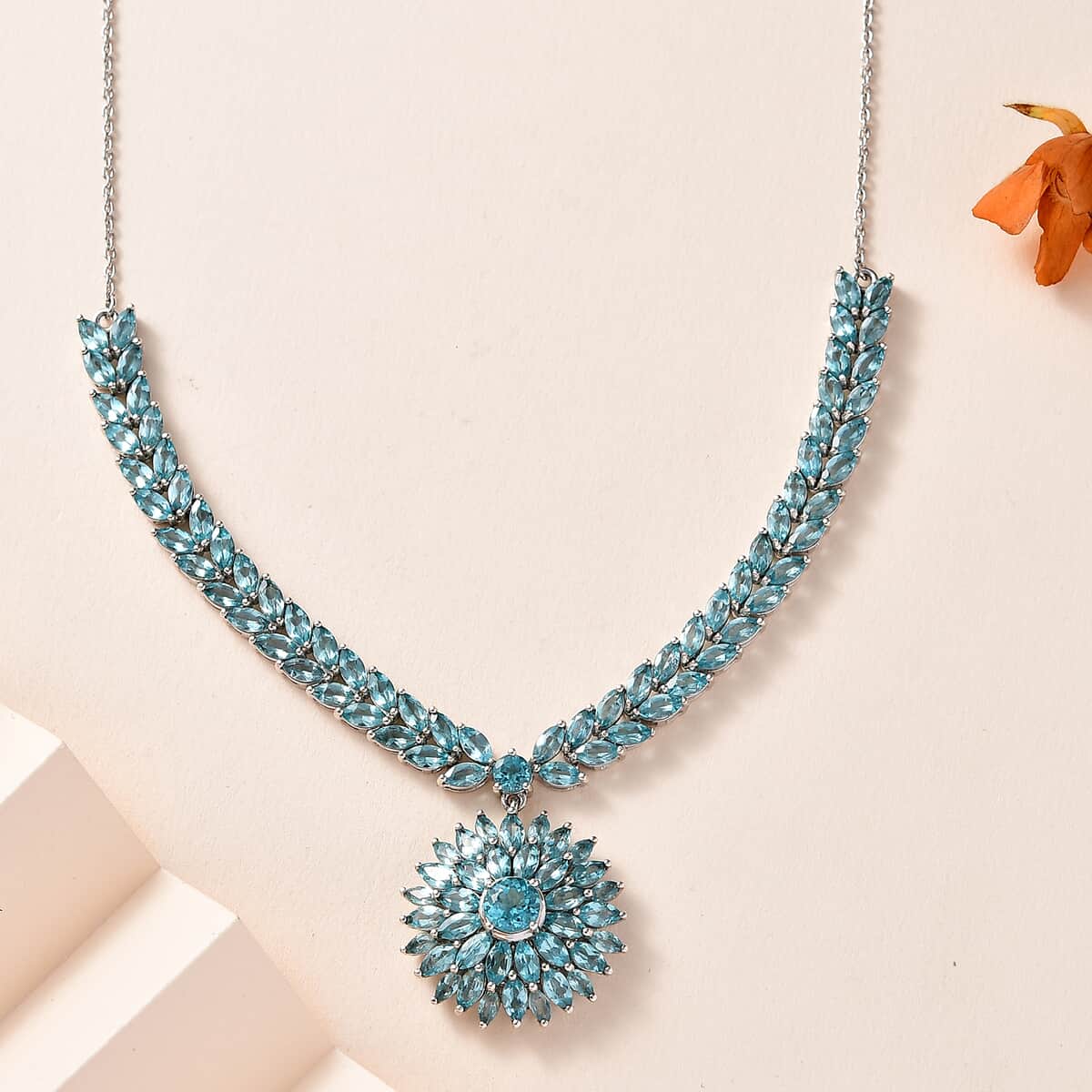 Betroka Blue Apatite Floral Spray Necklace 18-20 Inches in Platinum Over Sterling Silver 15.75 ctw image number 1