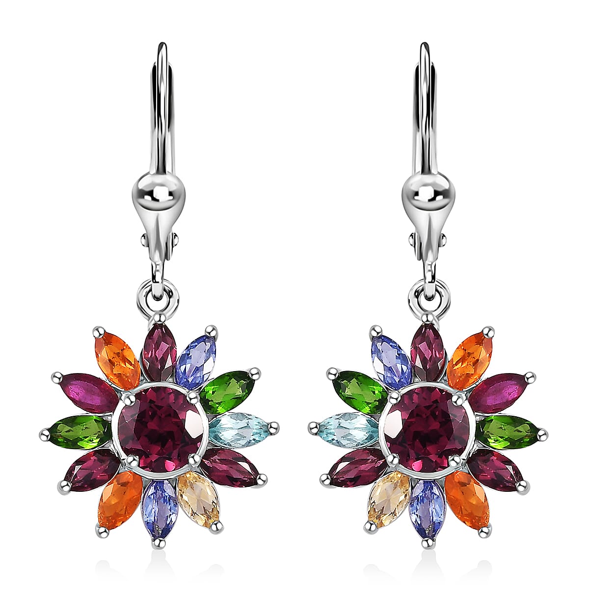 Multi Gemstone Lever Back Floral Earrings in Platinum Over Sterling Silver 6.00 ctw