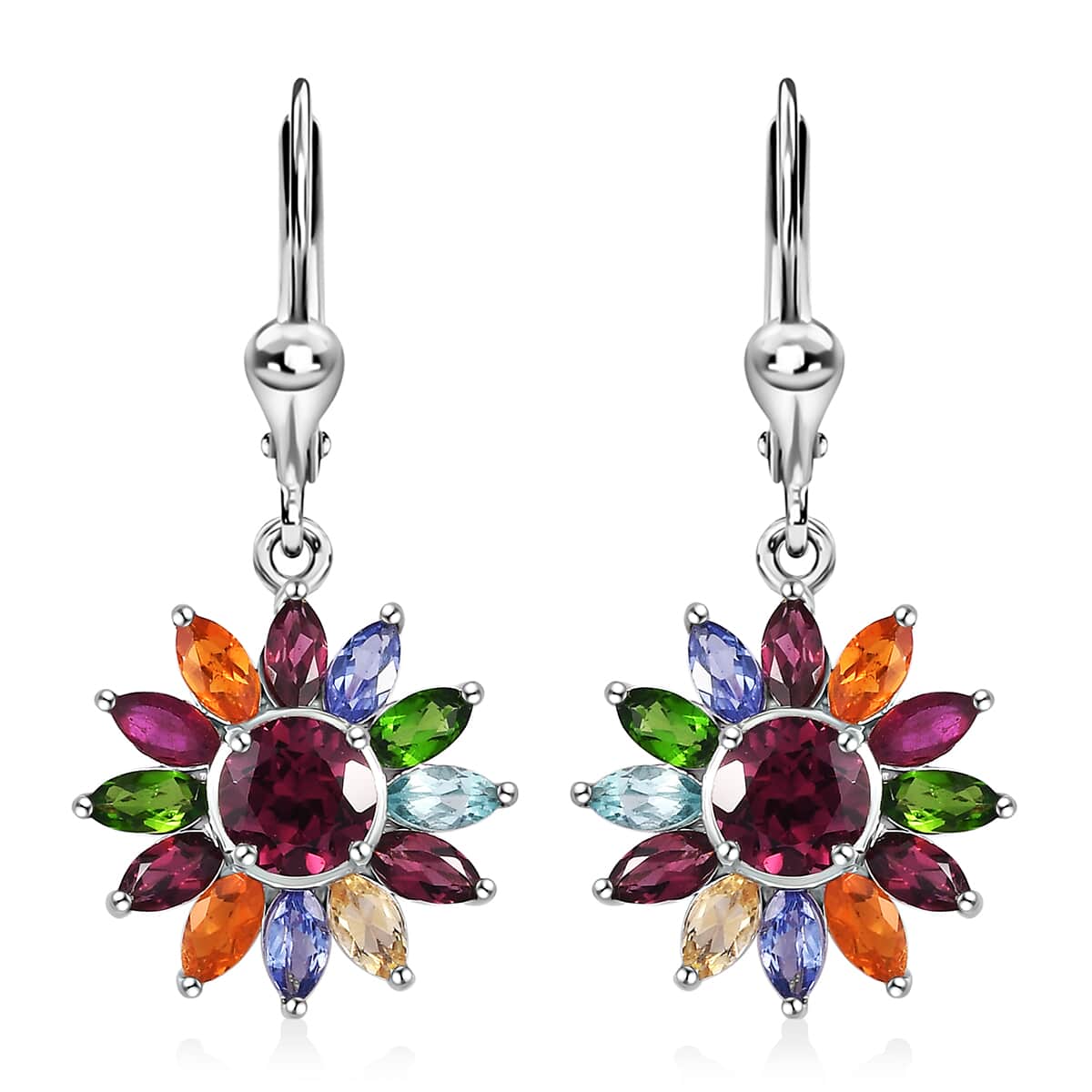 Multi Gemstone Lever Back Floral Earrings in Platinum Over Sterling Silver 6.00 ctw image number 0
