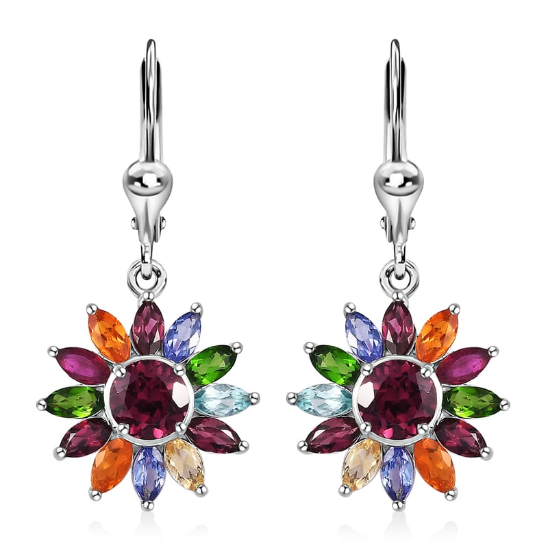 Multi Gemstone Lever Back Floral Earrings in Platinum Over Sterling Silver 6.00 ctw
