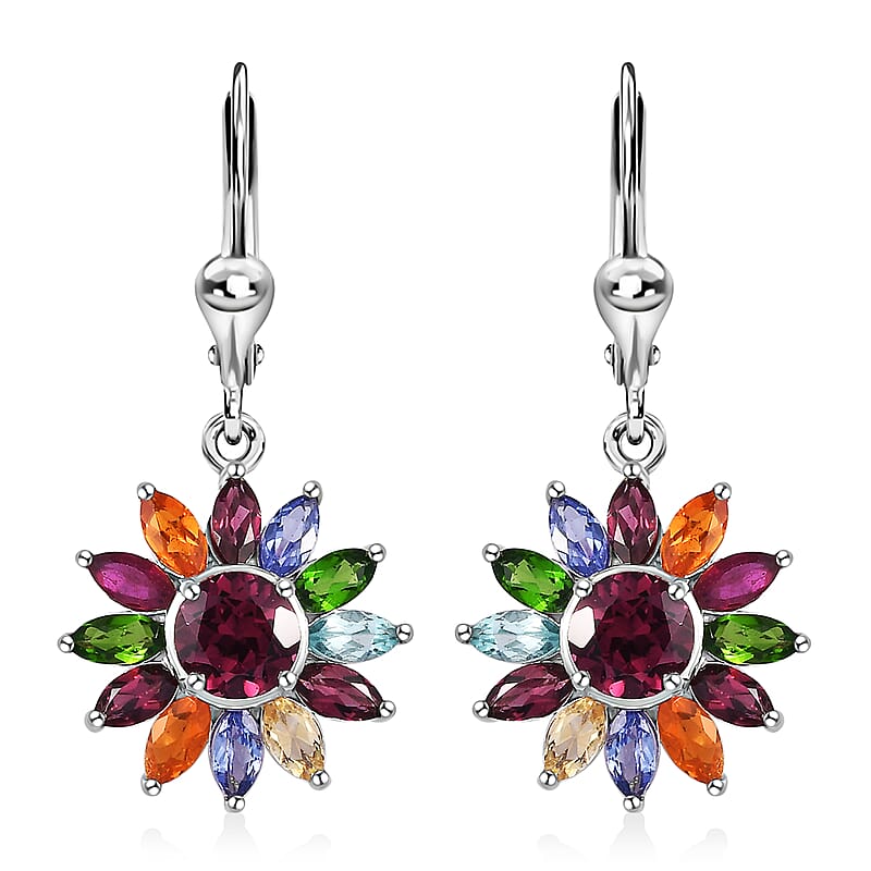 Multi Gemstone Lever Back Floral Earrings in Platinum Over Sterling Silver 6.00 ctw