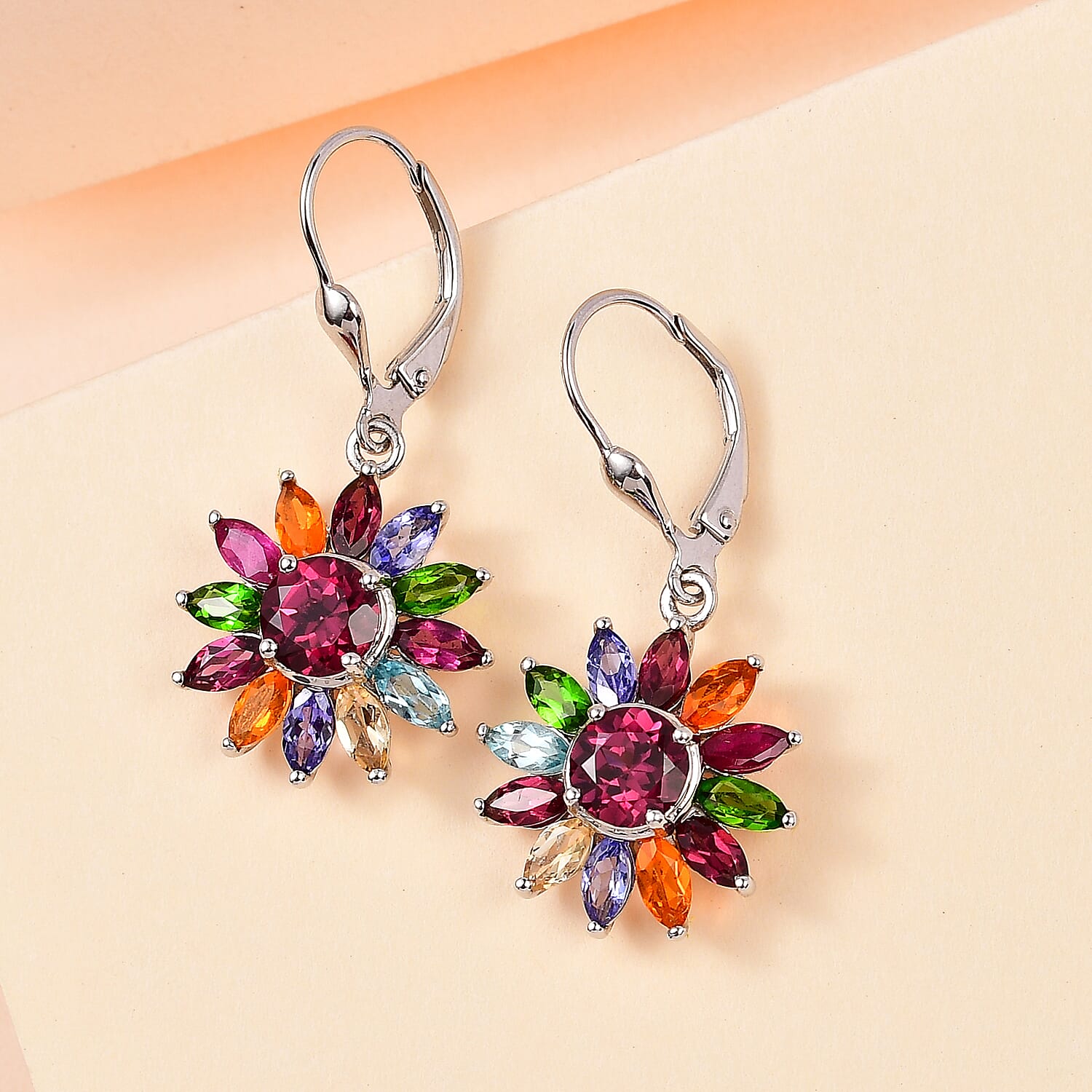 Multi Gemstone Lever Back Floral Earrings in Platinum Over Sterling Silver 6.00 ctw