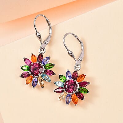 Multi Gemstone Lever Back Floral Earrings in Platinum Over Sterling Silver 6.00 ctw