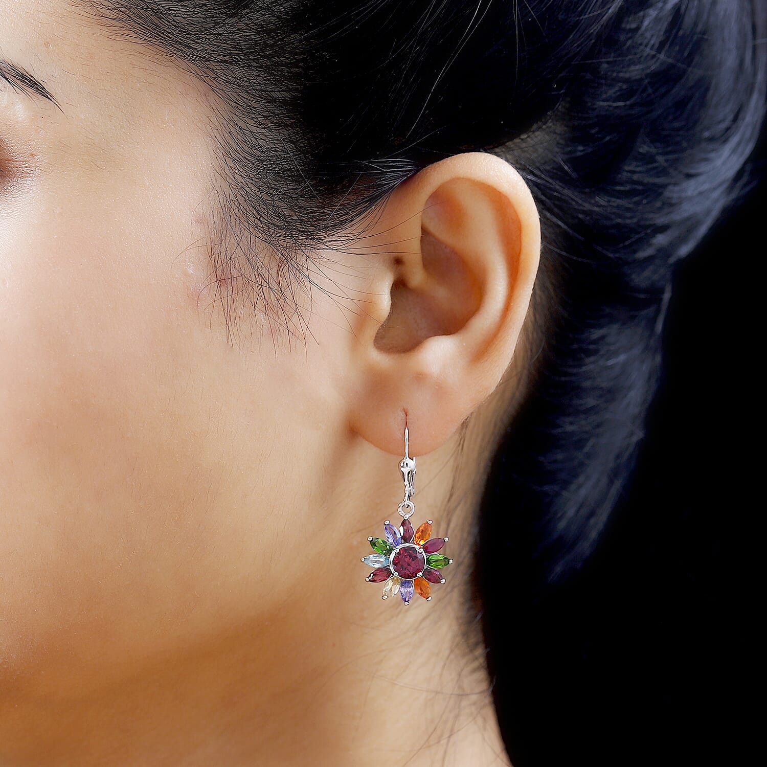 Multi Gemstone Lever Back Floral Earrings in Platinum Over Sterling Silver 6.00 ctw